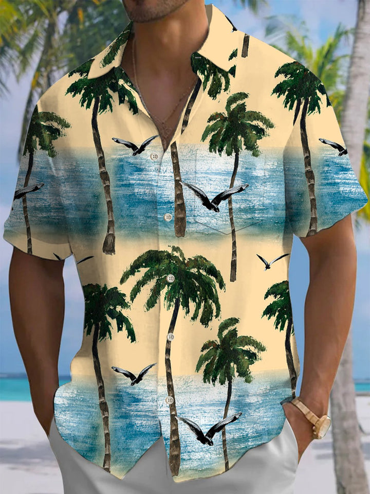Alohadaddy® Hawaiian Vacation Palm Tree Print Pocket Button Elastic Men&