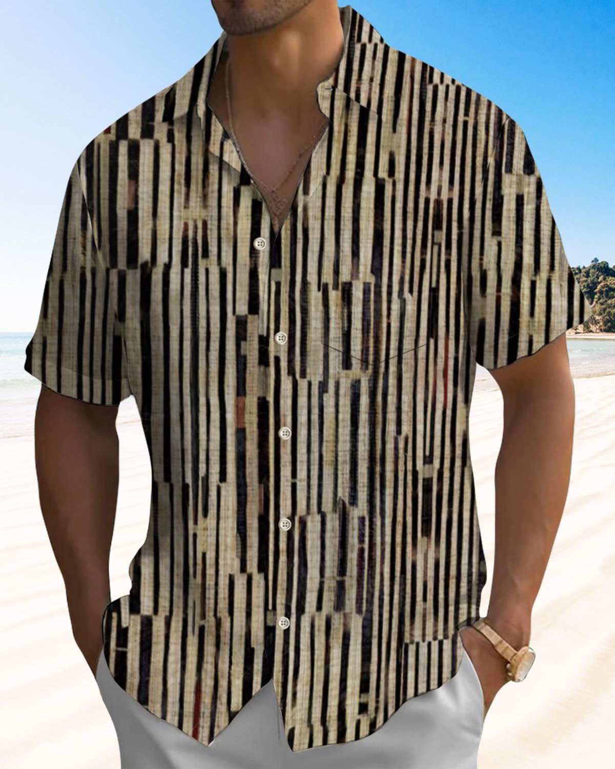 Alohadaddy® Vintage Stripe Print Pocket Elastic Button Men's Long Sleeve Shirt Big & Tall