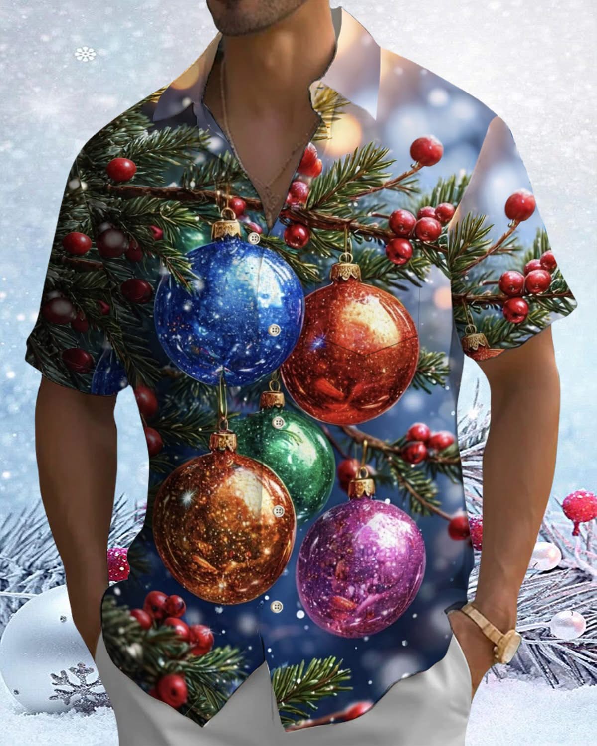 Alohadaddy® Christmas Tree Lights Printed Pocket Button Men's Short Sleeve Shirt Big & Tall