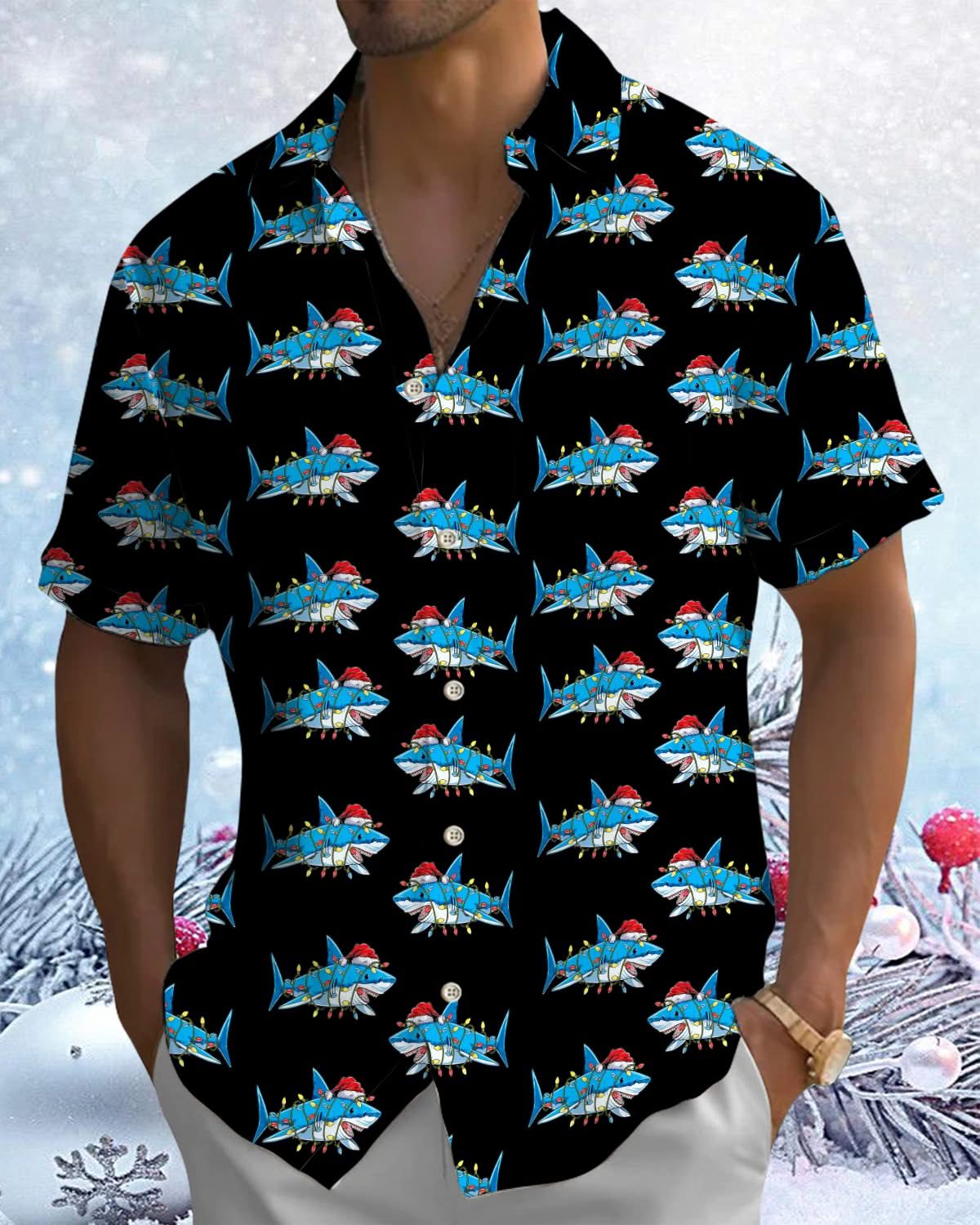 Alohadaddy® Christmas Shark Art Print Pocket Elastic Button Men's Short Sleeve Shirt Big & Tall
