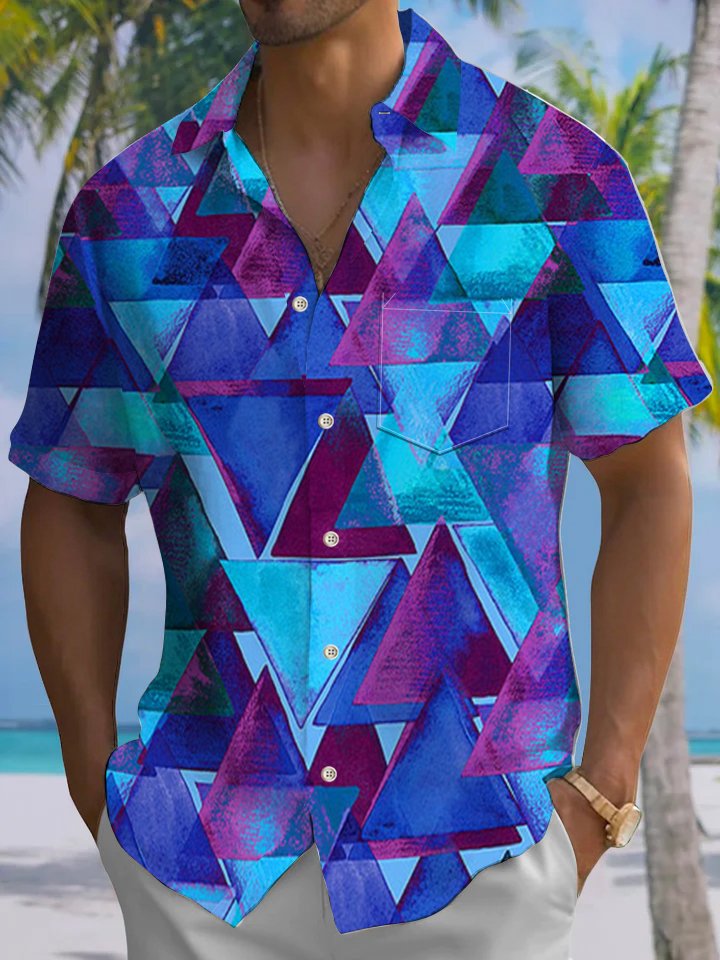 Alohadaddy® Hawaii Casual Geometric Print Chest Pocket Stretch Men&