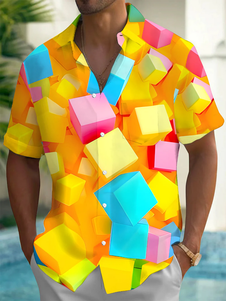 Alohadaddy® Casual Geometric Cube Art Print Chest Pocket Men&