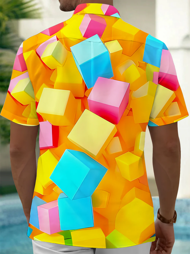 Alohadaddy® Casual Geometric Cube Art Print Chest Pocket Men&