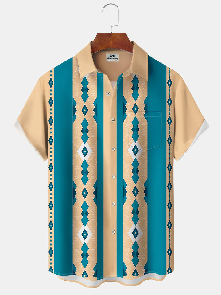 Alohadaddy® Vintage Stripes Geometric Art Print Chest Pocket Stretch Hawaiian Short Sleeve Shirt Big &amp; Tall