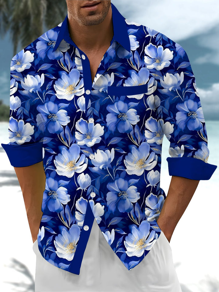 Alohadaddy® Hawaiian Floral Art Print Chest Pocket Mens Long Sleeve Shirts Big &amp; Tall