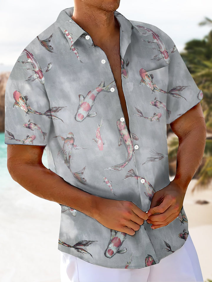Alohadaddy® Casual Goldfish Printed Art Chest Pocket Men Short Sleeve Shirt Big &amp; Tall