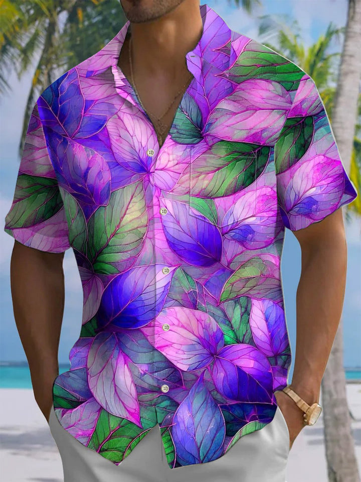 Alohadaddy® Hawaiian Leaves Art Print Chest Pocket Mens Short Sleeve Shirt Big &amp; Tall