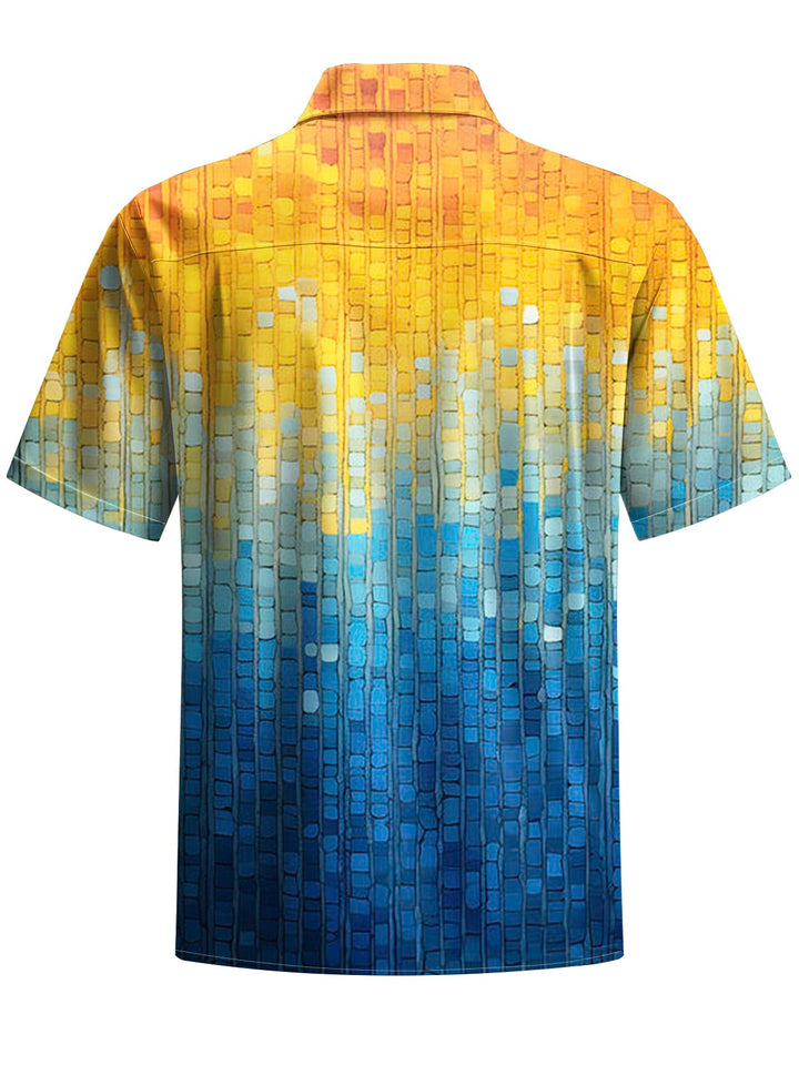 Alohadaddy® Hawaiian Geometric Ombre Art Print with Chest Pocket and Stretch for Men&