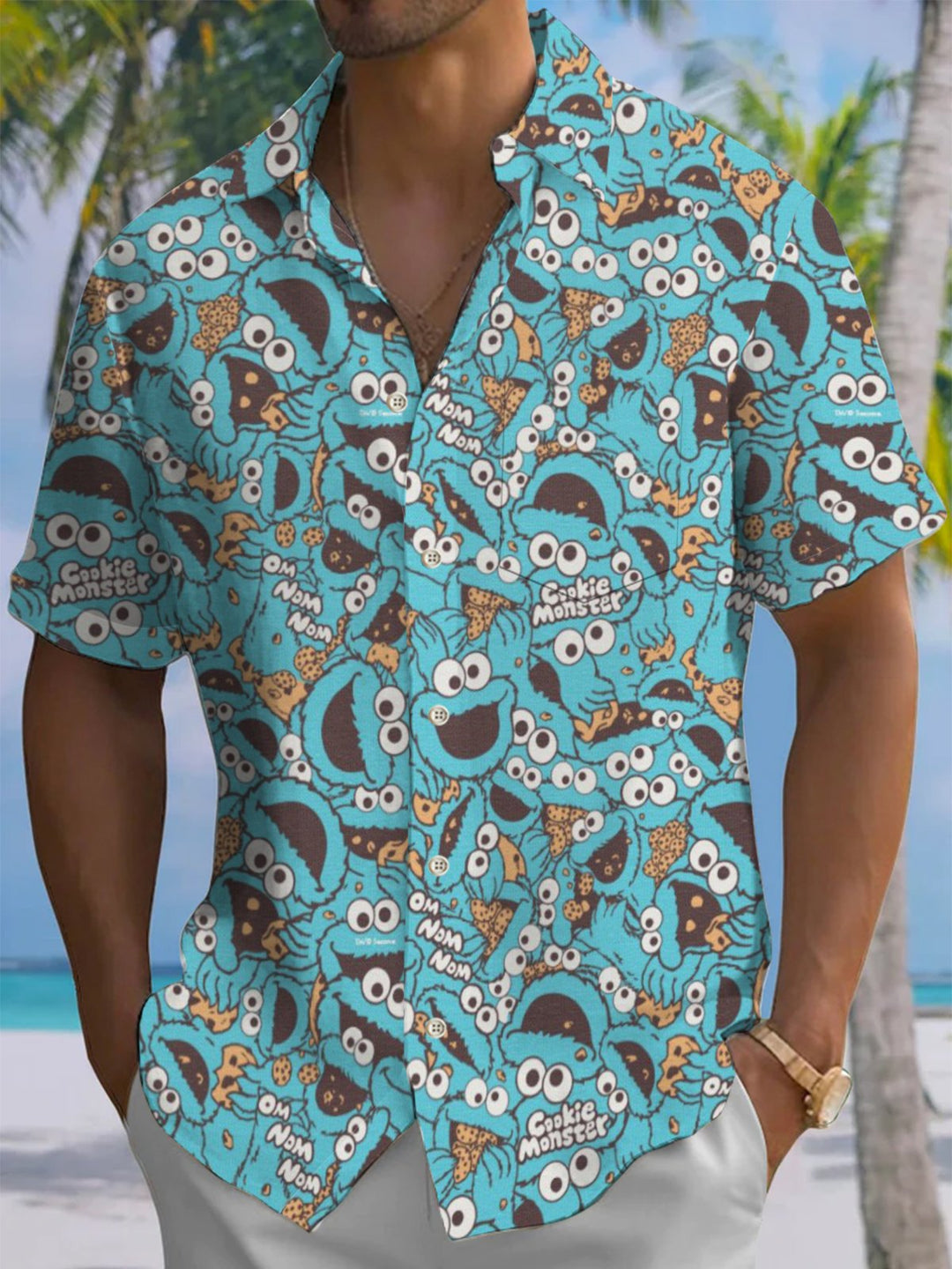 Alohadaddy® Retro Cartoon Monster Print Button Pocket Stretch Men&
