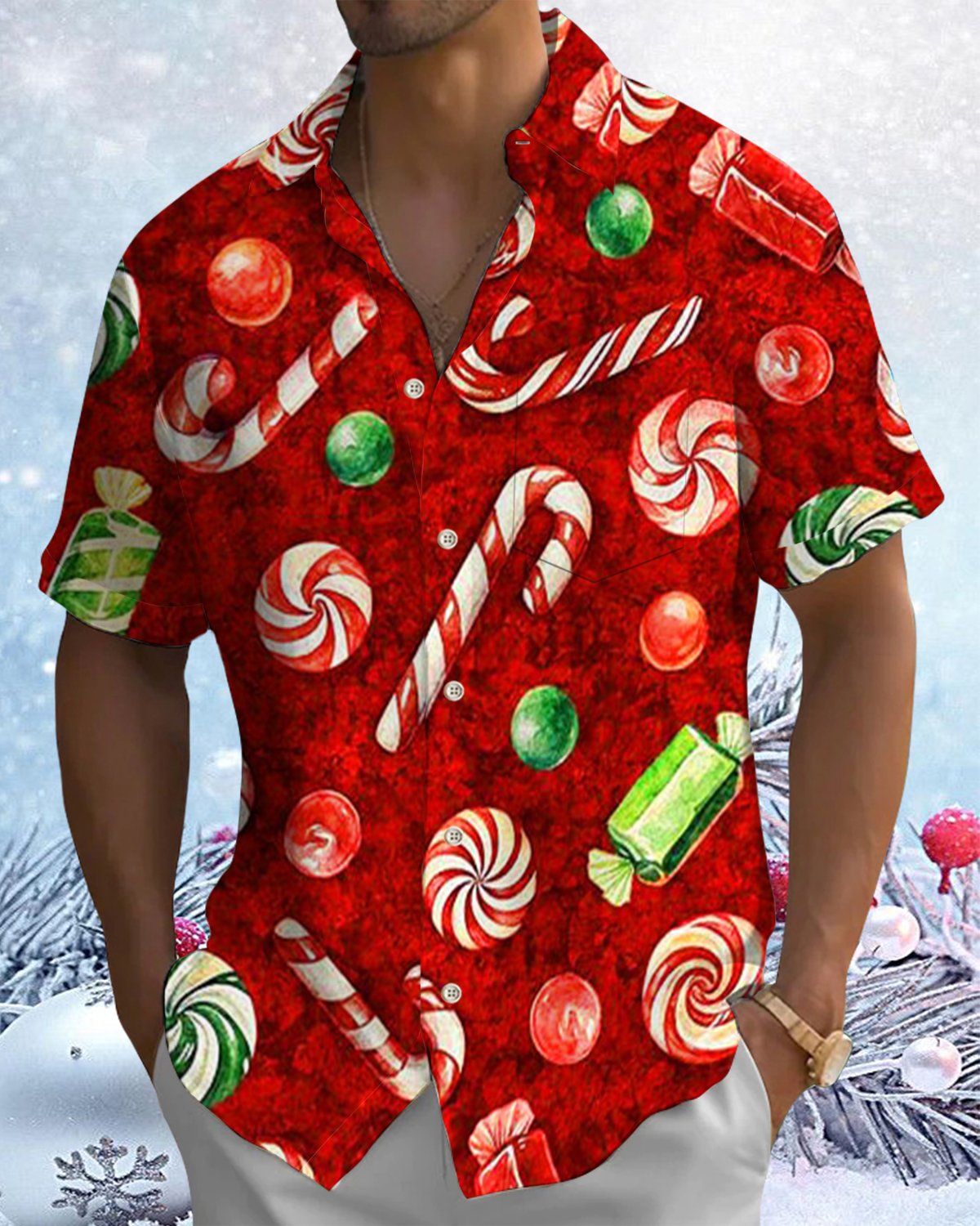 Alohadaddy® Christmas Candy Cane Print Pocket Elastic Button Men's Short Sleeve Shirt Big & Tall