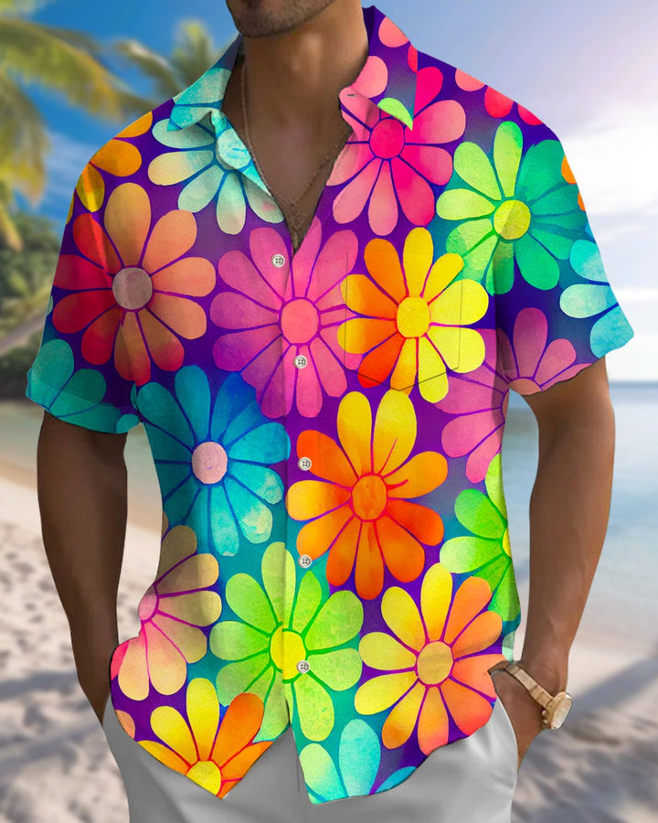 Alohadaddy® Hawaiian Floral Print Pocket Elastic Button Men&