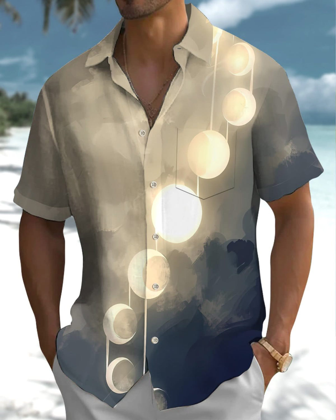 Alohadaddy® Vintage Gradient Moon Art Print Pocket Elastic Button Men&