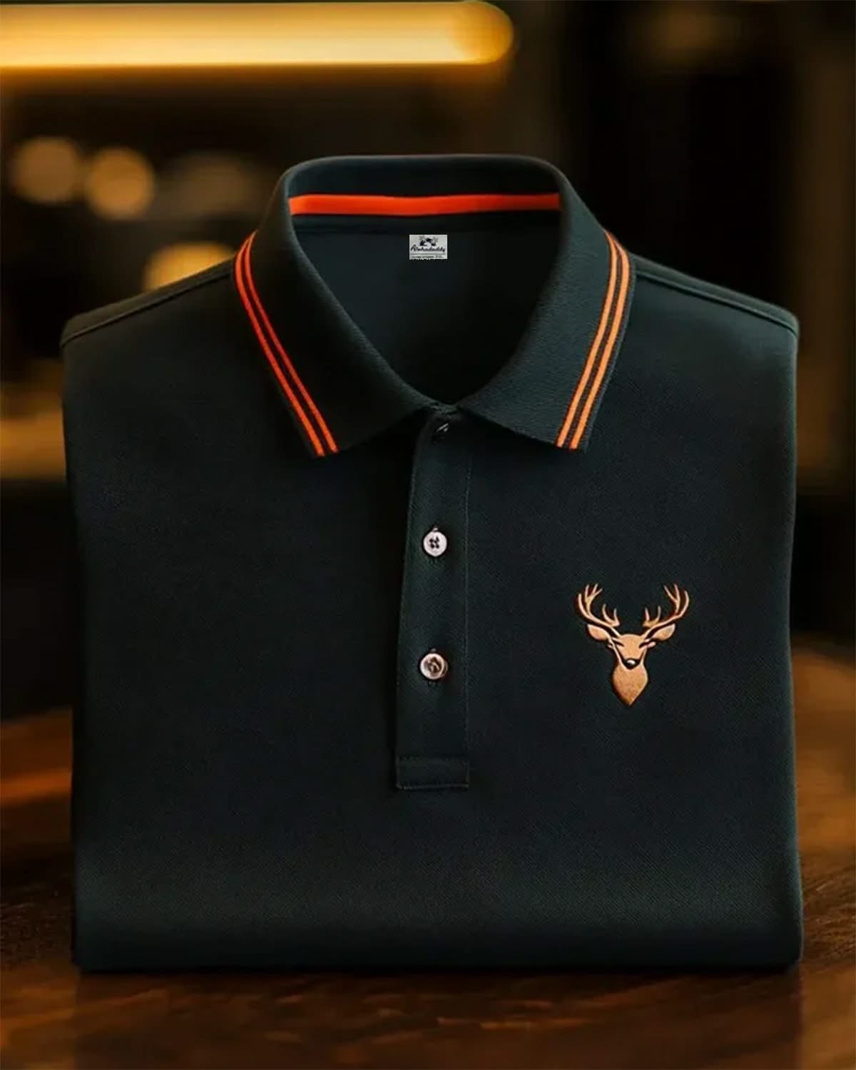 Alohadaddy® Business Deer Logo Print Art Elastic Button Men's Short Sleeve Polo Shirt Big & Tall