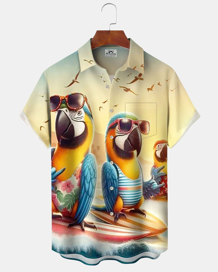 Alohadaddy® Hawaiian Parrot Print Art Button Stretch Pocket Men&