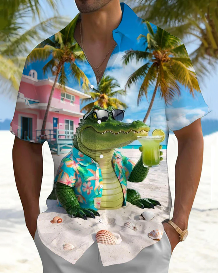 Alohadaddy® Casual Hawaiian Palm Tree Animal Print Art Print with Buttons, Pockets, Cardigan, Men&