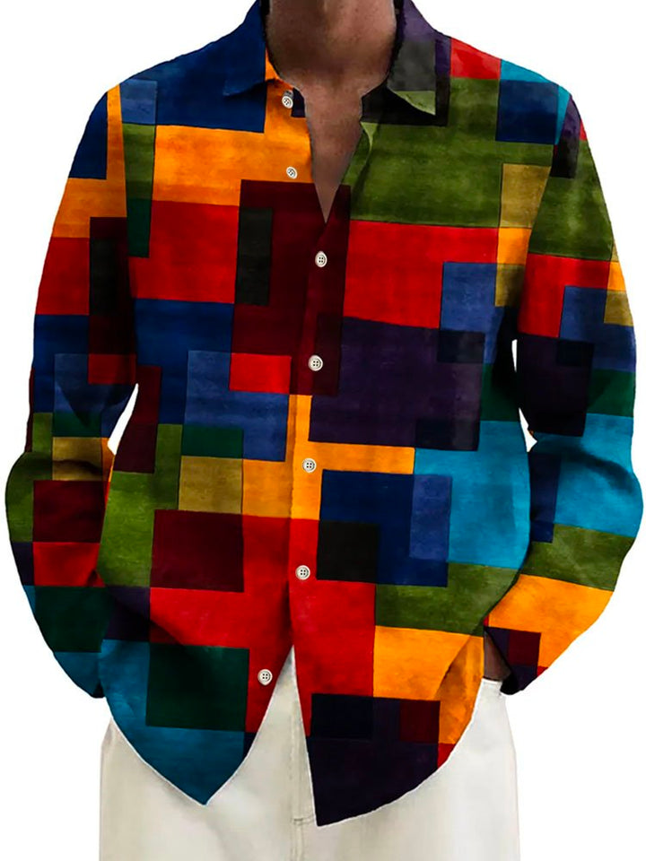 Camisa de manga larga con bolsillo y botones para hombre con estampado digital 3D y bloques de colores geométricos retro de Alohadaddy