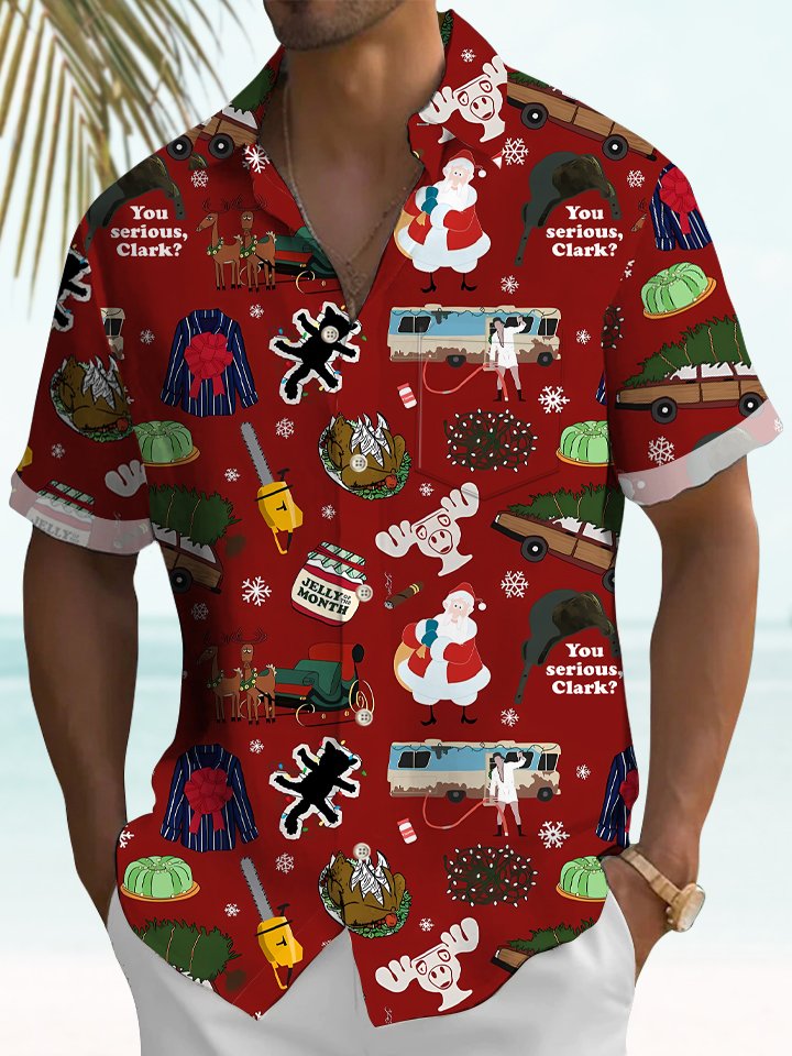 Alohadaddy Christmas Button Pocket Casual Short Sleeve Shirt