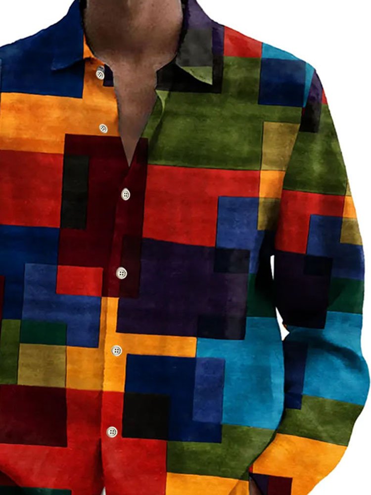 Camisa de manga larga con bolsillo y botones para hombre con estampado digital 3D y bloques de colores geométricos retro de Alohadaddy