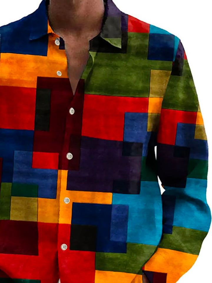 Camisa de manga larga con bolsillo y botones para hombre con estampado digital 3D y bloques de colores geométricos retro de Alohadaddy