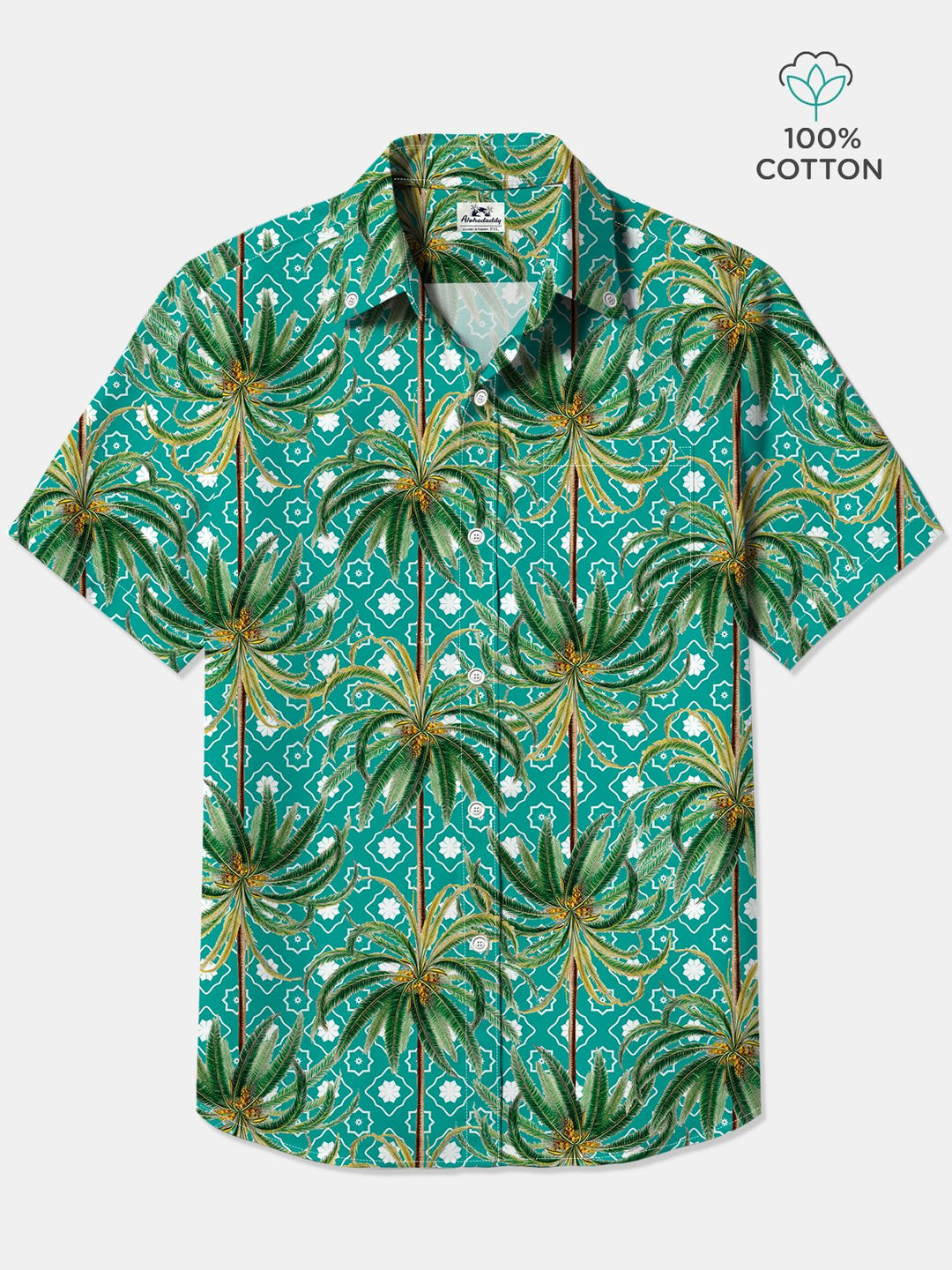 Alohadaddy Cotton Palm Tree Art Print Moisture Wicking Chest Pocket Oversized Stretch Hawaiian Short Sleeve Shirt
