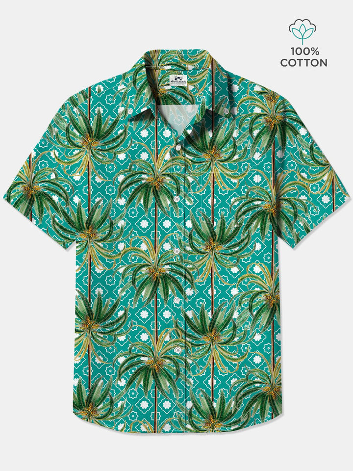 Alohadaddy Cotton Palm Tree Art Print Moisture Wicking Chest Pocket Oversized Stretch Hawaiian Short Sleeve Shirt