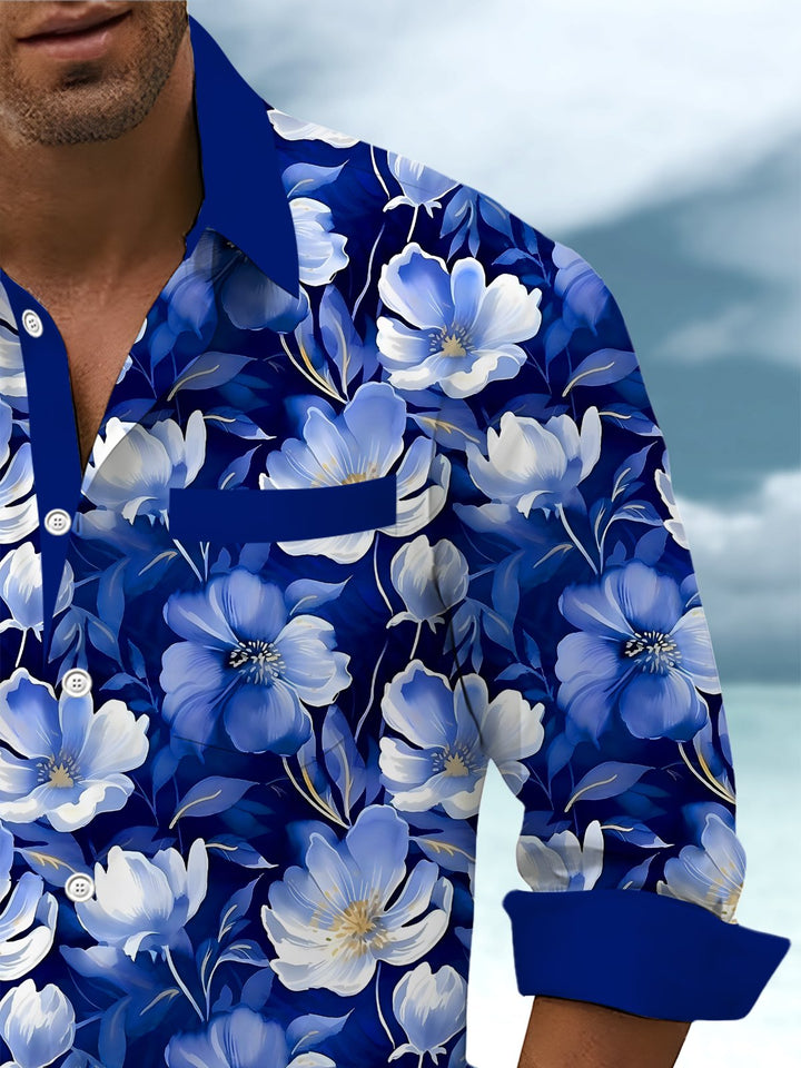 Alohadaddy® Hawaiian Floral Art Print Chest Pocket Mens Long Sleeve Shirts Big &amp; Tall