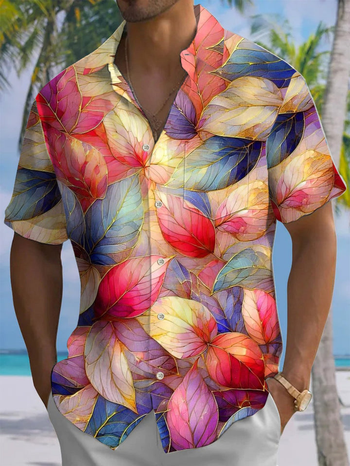 Alohadaddy® Hawaiian Leaves Art Print Chest Pocket Mens Short Sleeve Shirt Big &amp; Tall