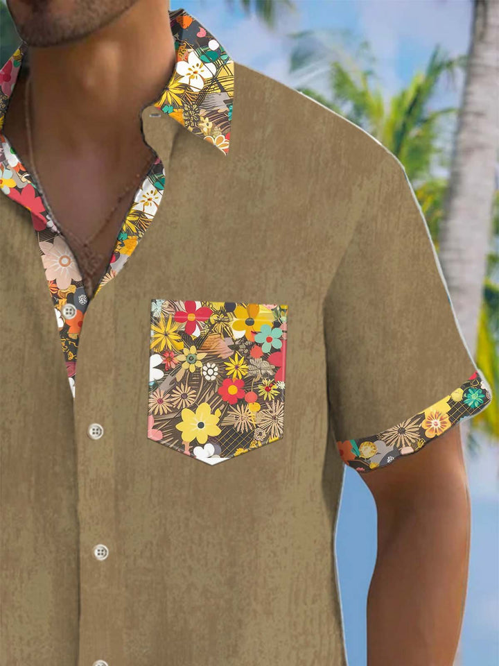 Alohadaddy® Vintage Floral Contrast Art Print Chest Pocket Men&