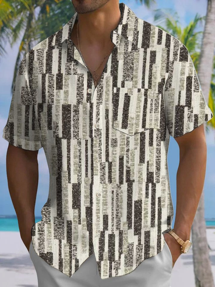Alohadaddy® Casual Vintage Stripe Art Print Chest Pocket Stretch Men&