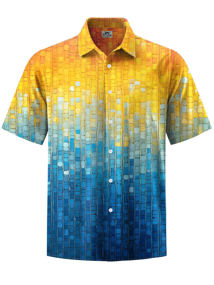 Alohadaddy® Hawaiian Geometric Ombre Art Print with Chest Pocket and Stretch for Men&