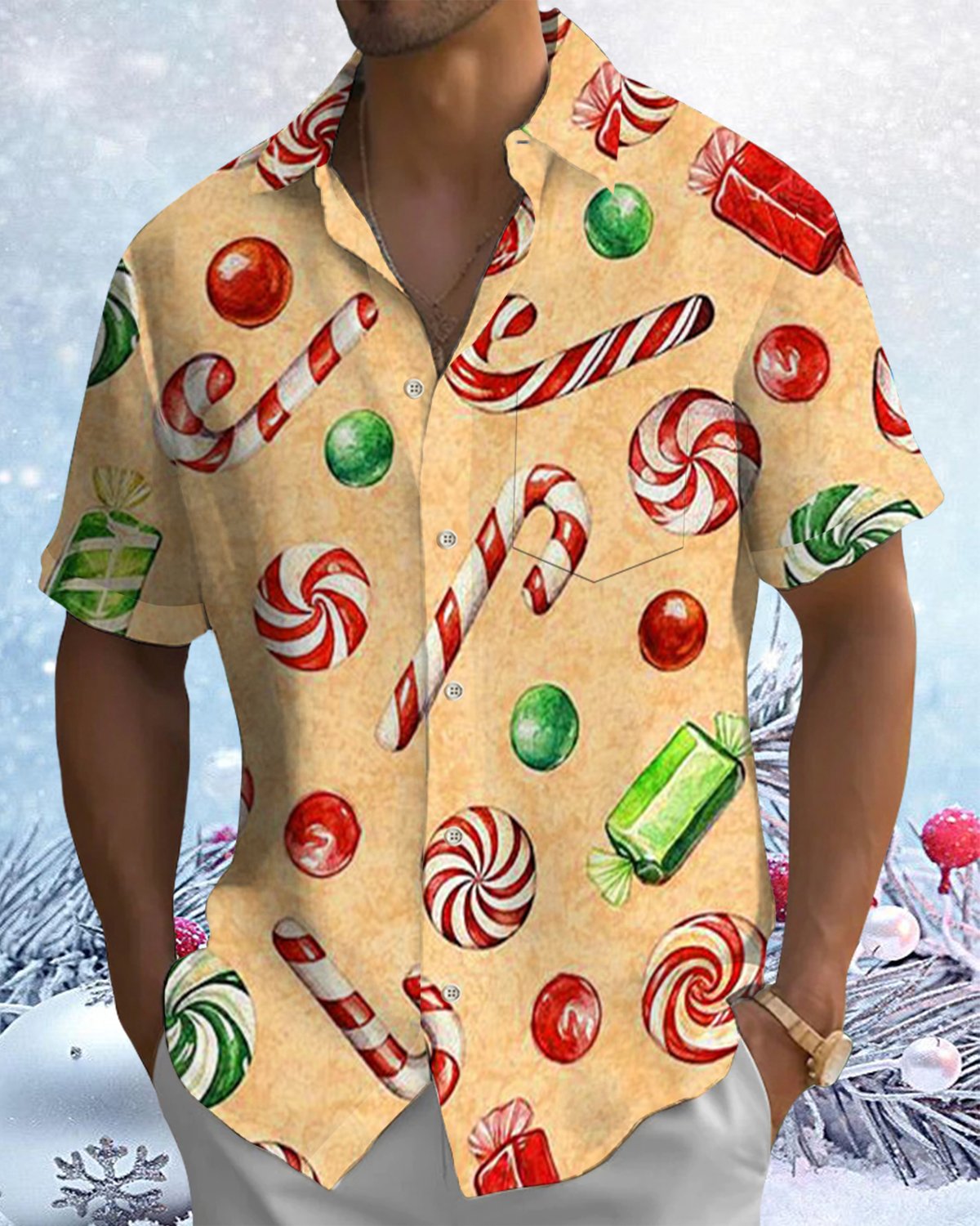 Alohadaddy® Christmas Candy Cane Print Pocket Elastic Button Men's Short Sleeve Shirt Big & Tall