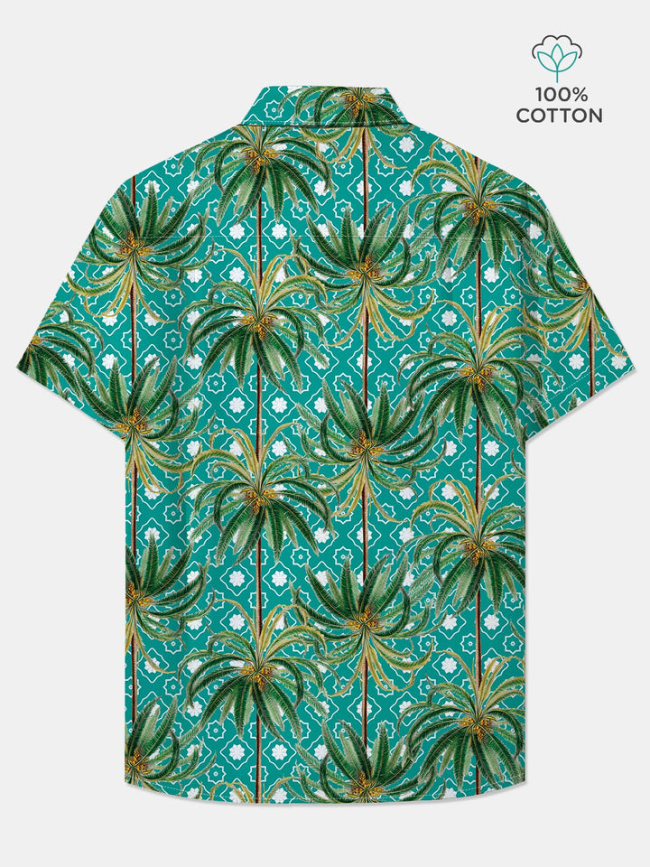 Alohadaddy Cotton Palm Tree Art Print Moisture Wicking Chest Pocket Oversized Stretch Hawaiian Short Sleeve Shirt