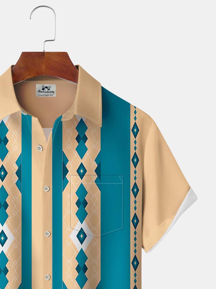 Alohadaddy® Vintage Stripes Geometric Art Print Chest Pocket Stretch Hawaiian Short Sleeve Shirt Big &amp; Tall