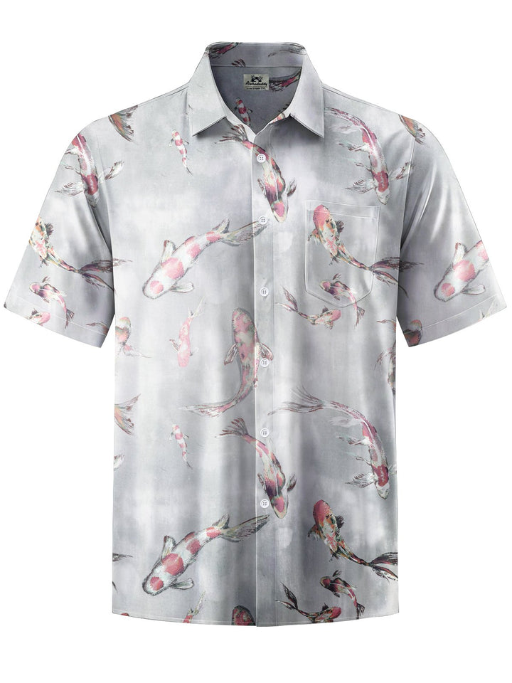 Alohadaddy® Casual Goldfish Printed Art Chest Pocket Men Short Sleeve Shirt Big &amp; Tall