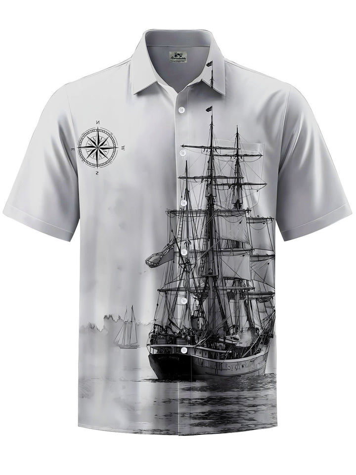 Alohadaddy® Casual Sailing Boat Art Print Chest Pocket Mens Wicking Short Sleeve Shirt Big &amp; Tall