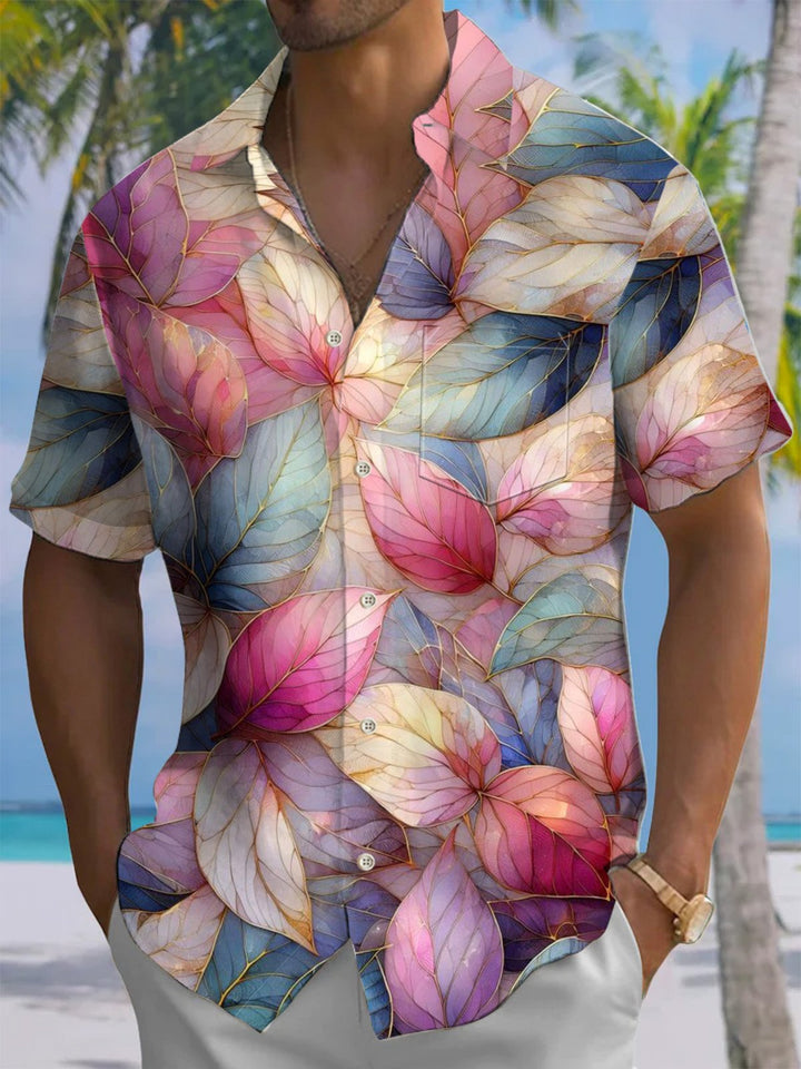 Alohadaddy® Hawaiian Leaves Art Print Chest Pocket Mens Short Sleeve Shirt Big &amp; Tall