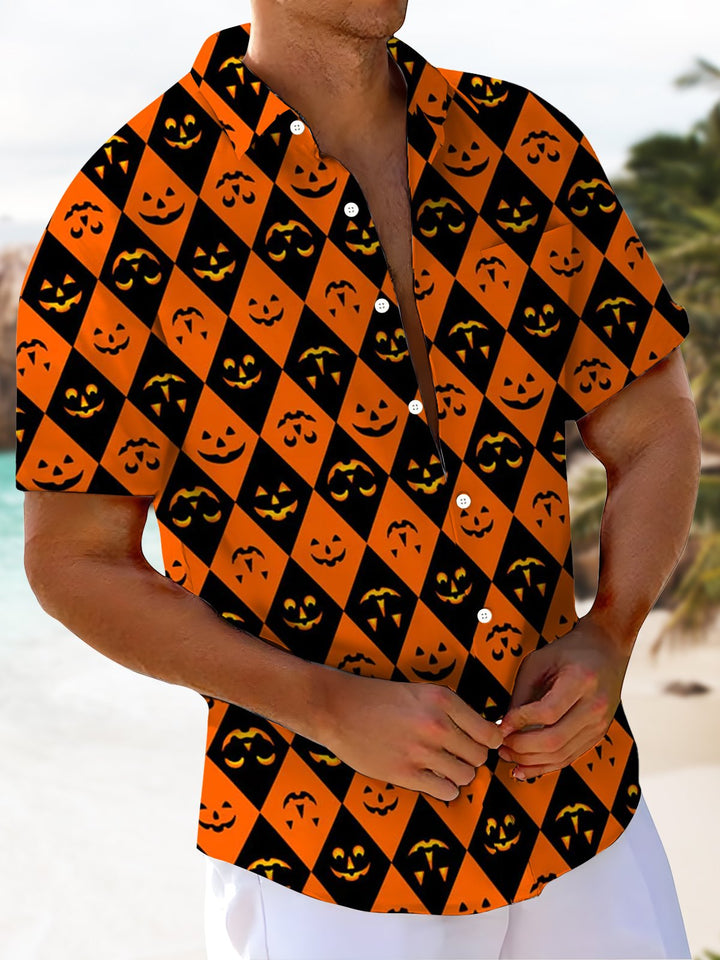 Alohadaddy® Halloween Geometric Pumpkin Art Print Chest Pocket Men&