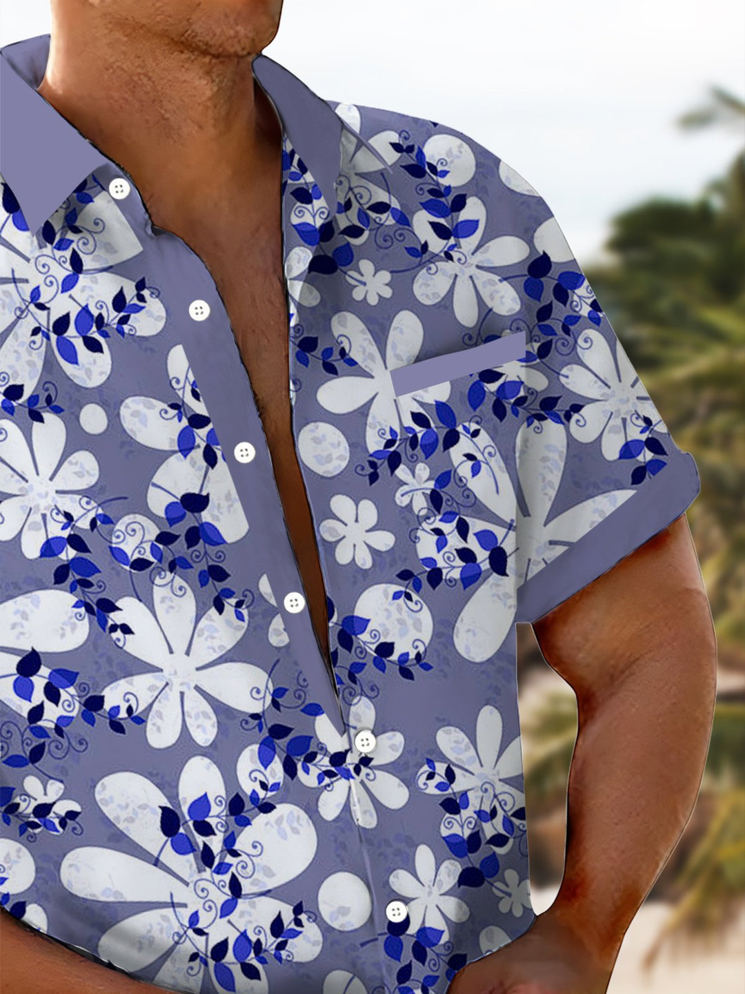 Alohadaddy® Hawaiian Floral Contrast Art Print Chest Pocket Men&