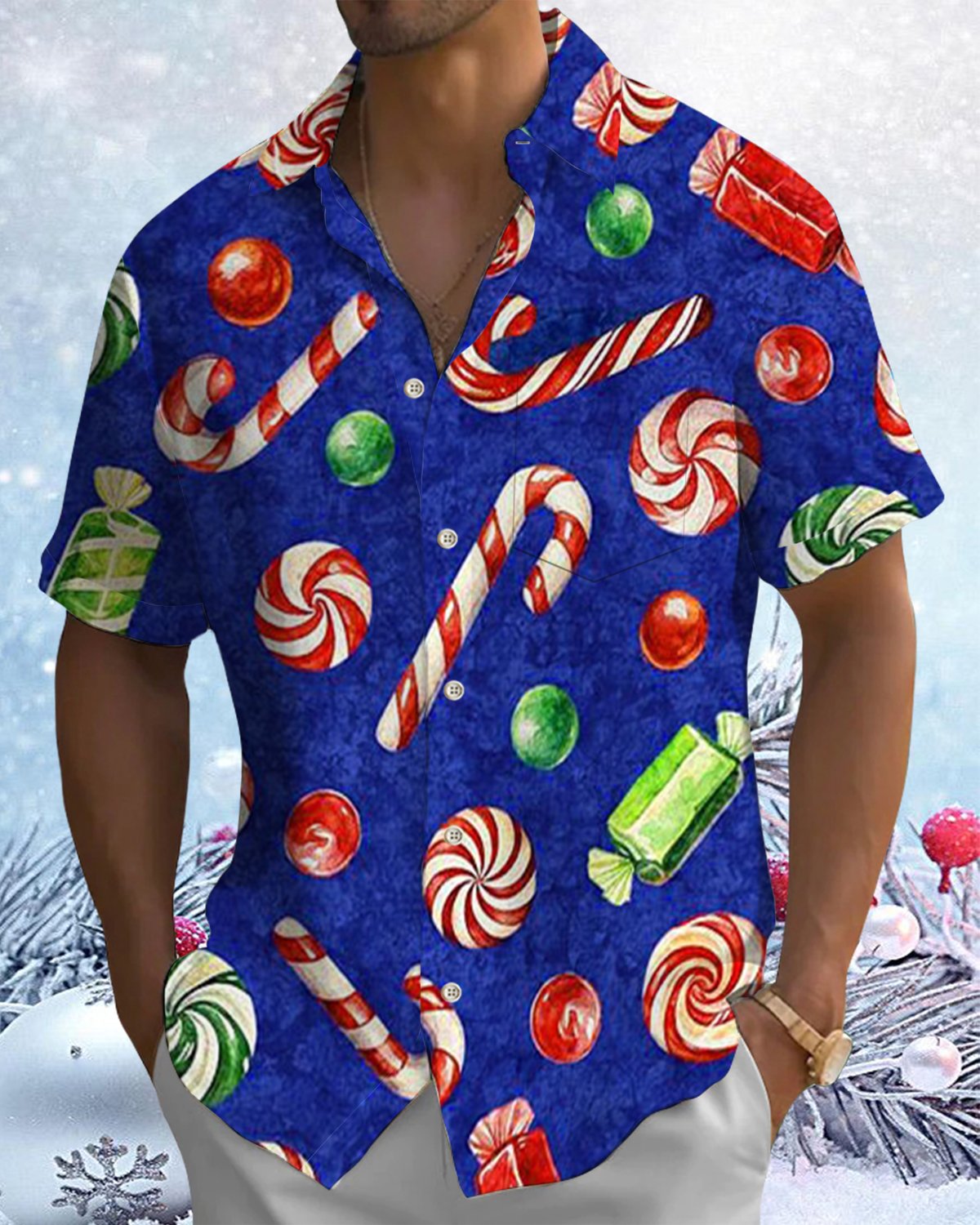 Alohadaddy® Christmas Candy Cane Print Pocket Elastic Button Men's Short Sleeve Shirt Big & Tall