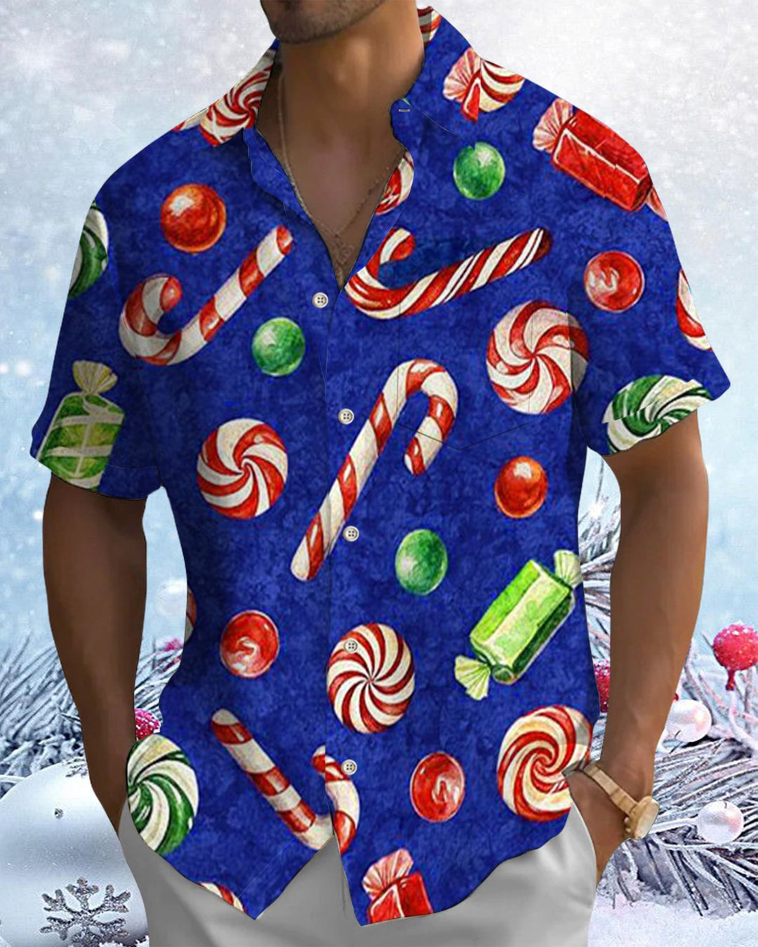 Alohadaddy® Christmas Candy Cane Print Pocket Elastic Button Men&