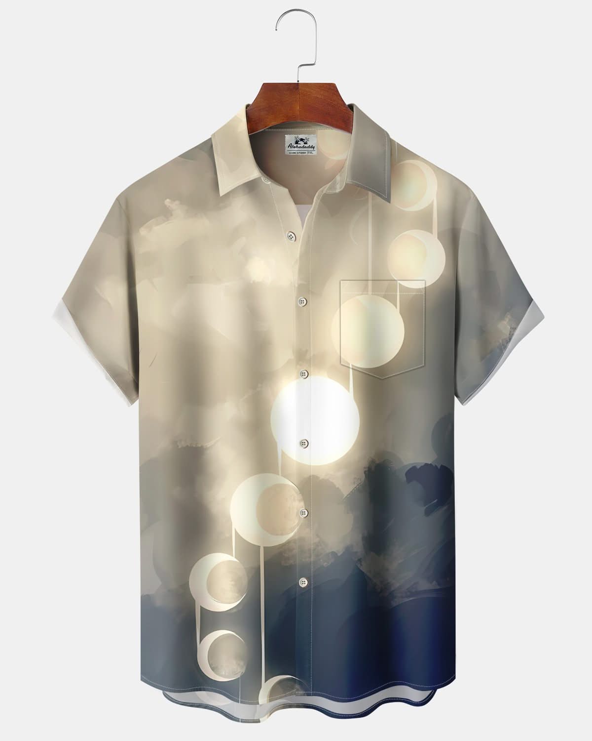 Alohadaddy® Vintage Gradient Moon Art Print Pocket Elastic Button Men's Short Sleeve Shirt Big & Tall