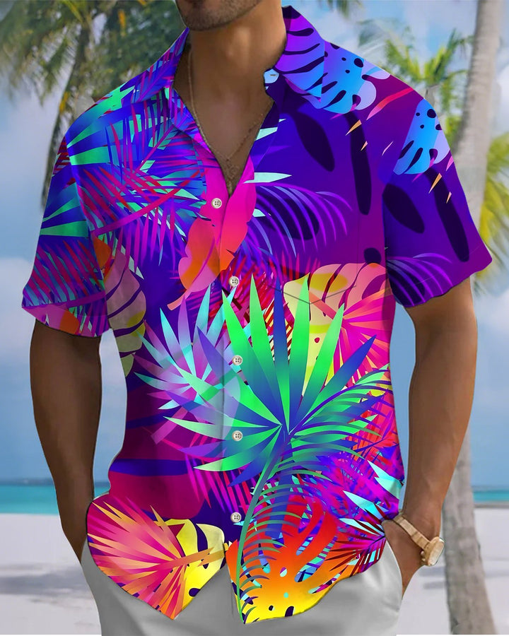 Alohadaddy® Hawaiian Palm Leaf Print Art Button Pocket Cardigan Men&