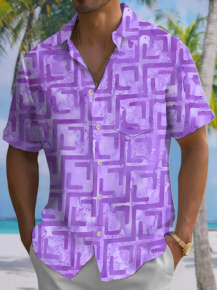 Alohadaddy® Casual Geometric Art Print Chest Pocket Men&