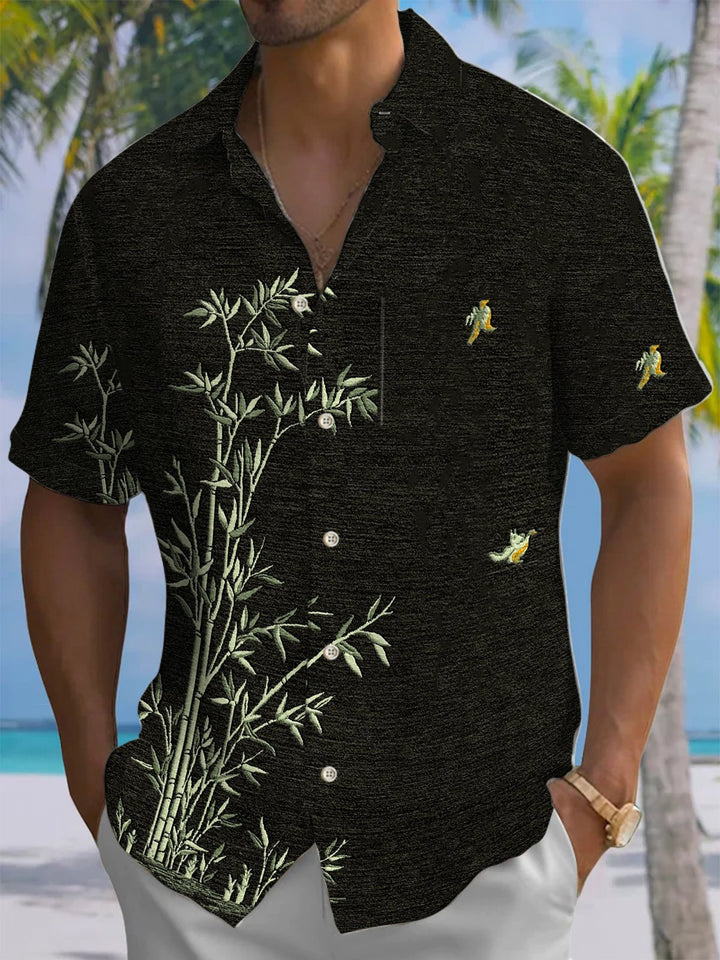 Alohadaddy® Vintage Bamboo Art Print Chest Pocket Mens Short Sleeve Shirt Big &amp; Tall