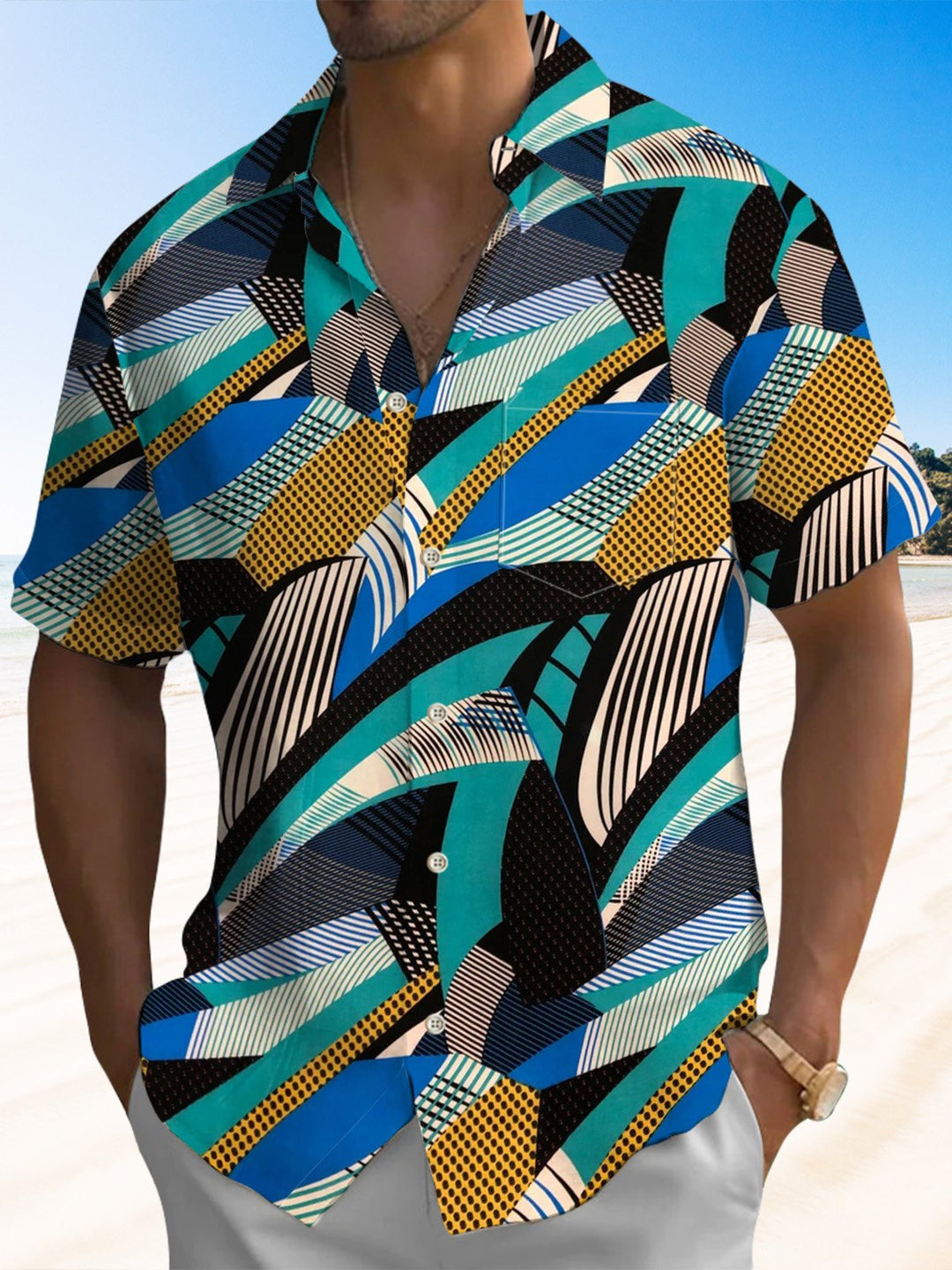 Alohadaddy® Casual Geometric Art Print Chest Pocket Men&