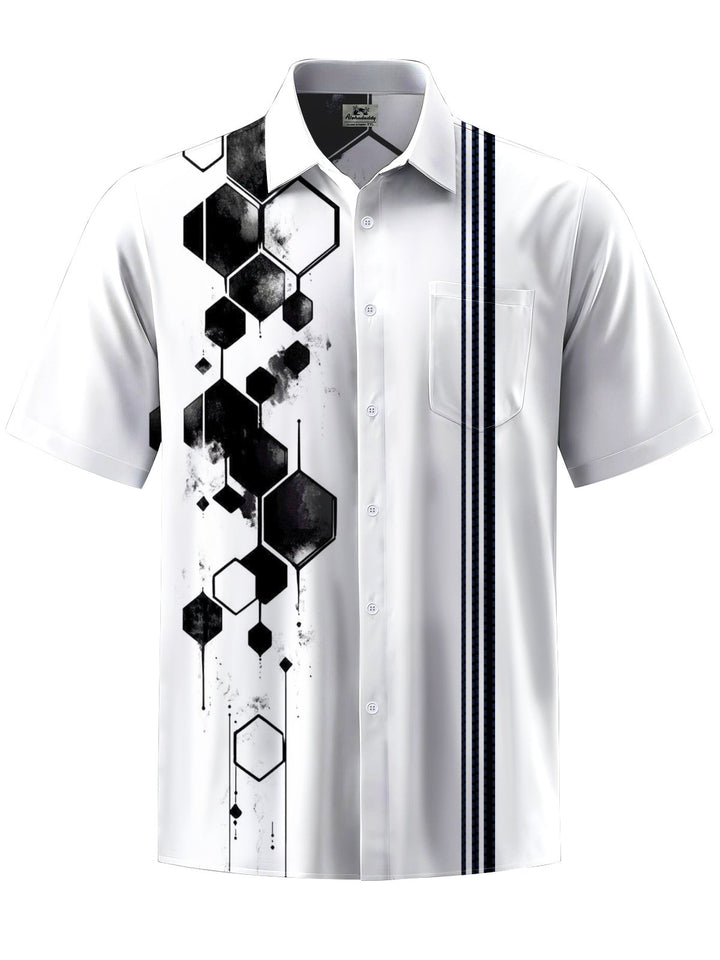 Alohadaddy® Casual Geometric Stripe Art Print Chest Pocket Men&