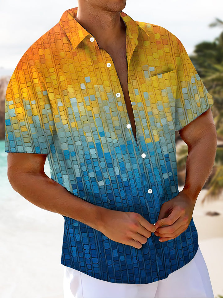 Alohadaddy® Hawaiian Geometric Ombre Art Print with Chest Pocket and Stretch for Men&