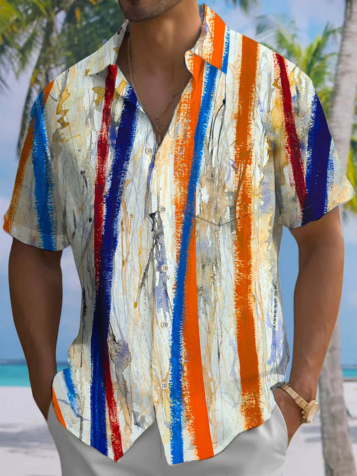 Alohadaddy® Vintage Striped Art Print Chest Pocket Stretch Men&
