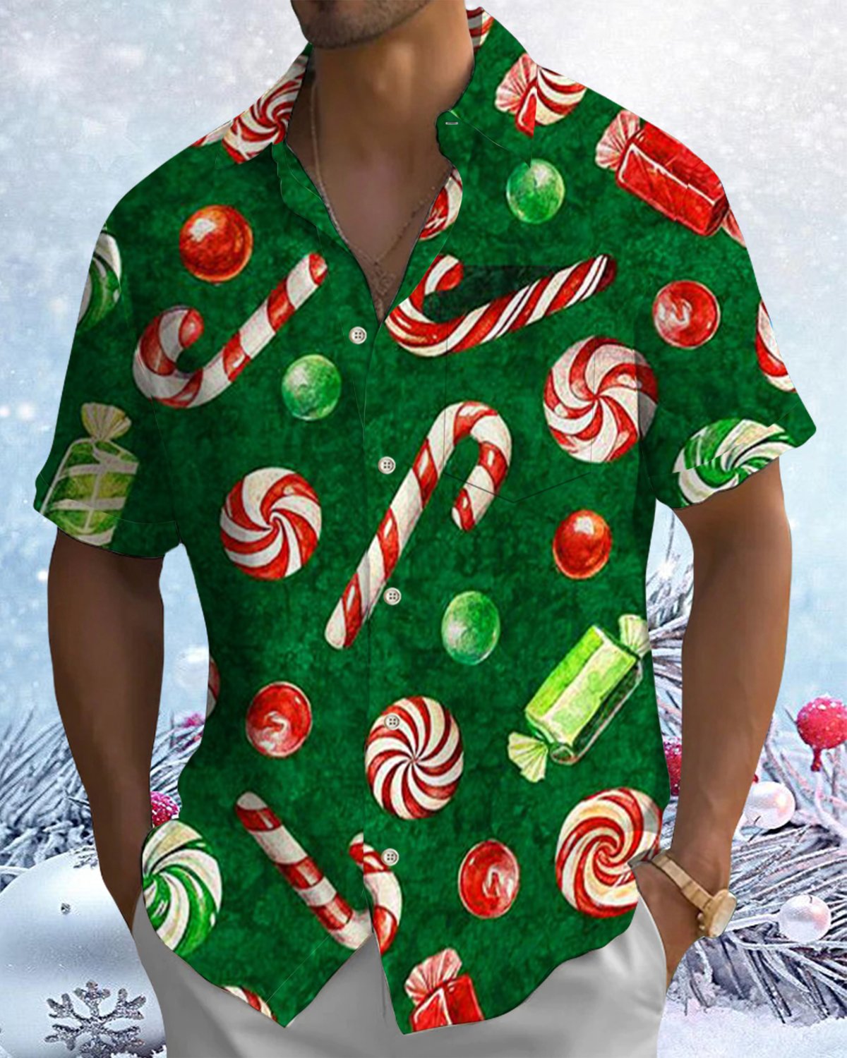 Alohadaddy® Christmas Candy Cane Print Pocket Elastic Button Men's Short Sleeve Shirt Big & Tall