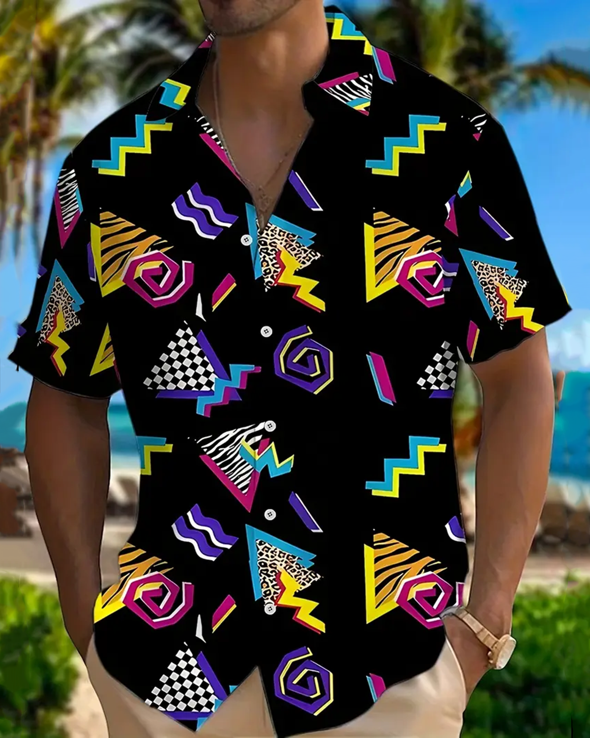 Alohadaddy® Casual Geometric Graffiti Print Art Pockets with Elastic Buttons Men's Short-Sleeve Shirt Big & Tall